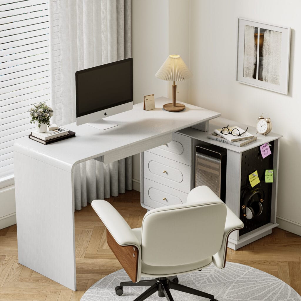 Flexible workspace featuring a Krila L-shaped rotating desk with built-in storage and smart design.