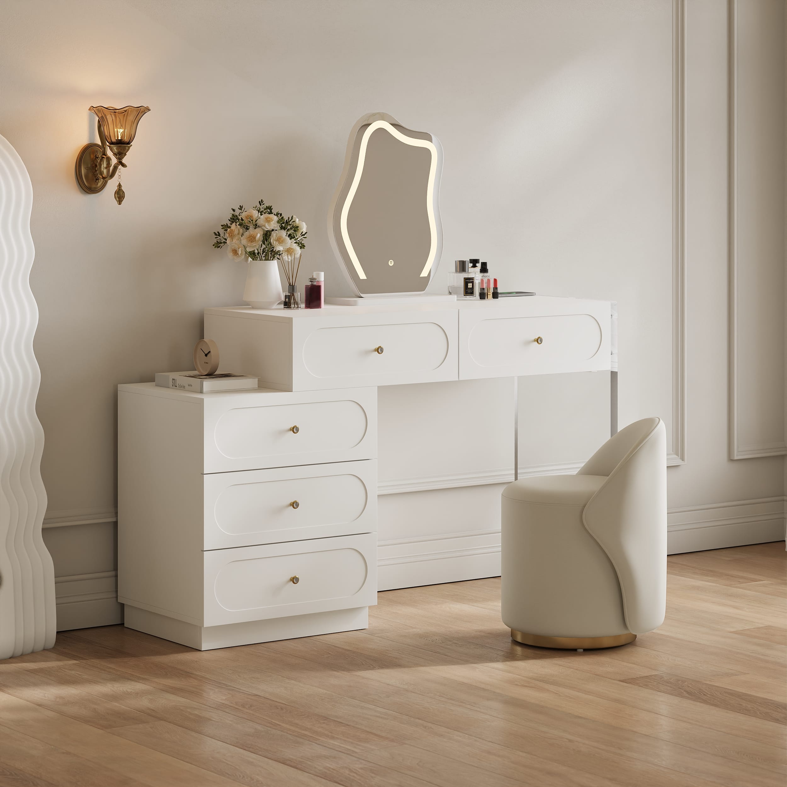 White Makeup Vanity with LED Mirror and Luxurious Design 1 Extendable white makeup vanity with LED mirror featuring a wireless charging design.