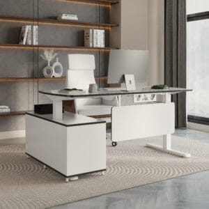 Adjustable L shaped executive office desk with lift top mechanism for comfort and convenience.