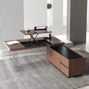 Lift-top L Shaped Executive Office Desk offering sit-stand flexibility and generous storage.