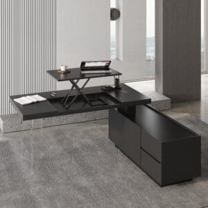 Lift-top L shaped executive office desk with modern design and ample storage options.