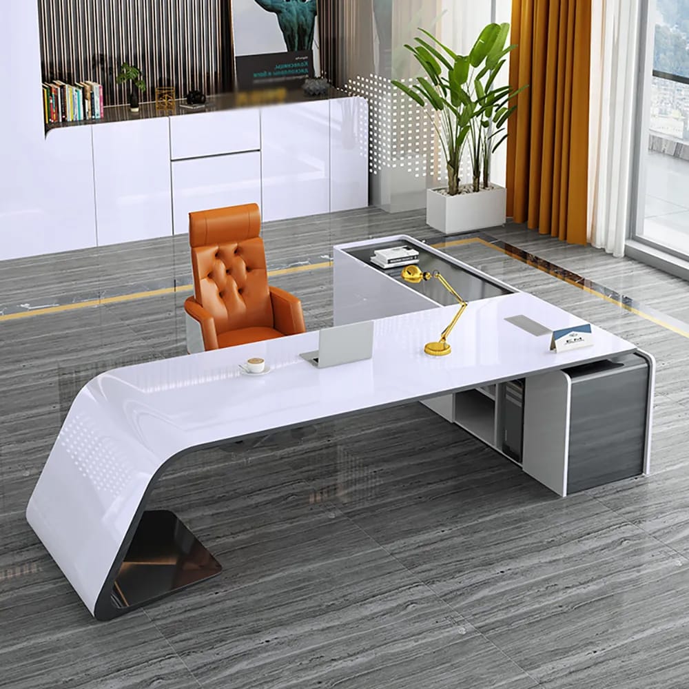 Stylish L-shaped modern office desk featuring three drawers and two doors.