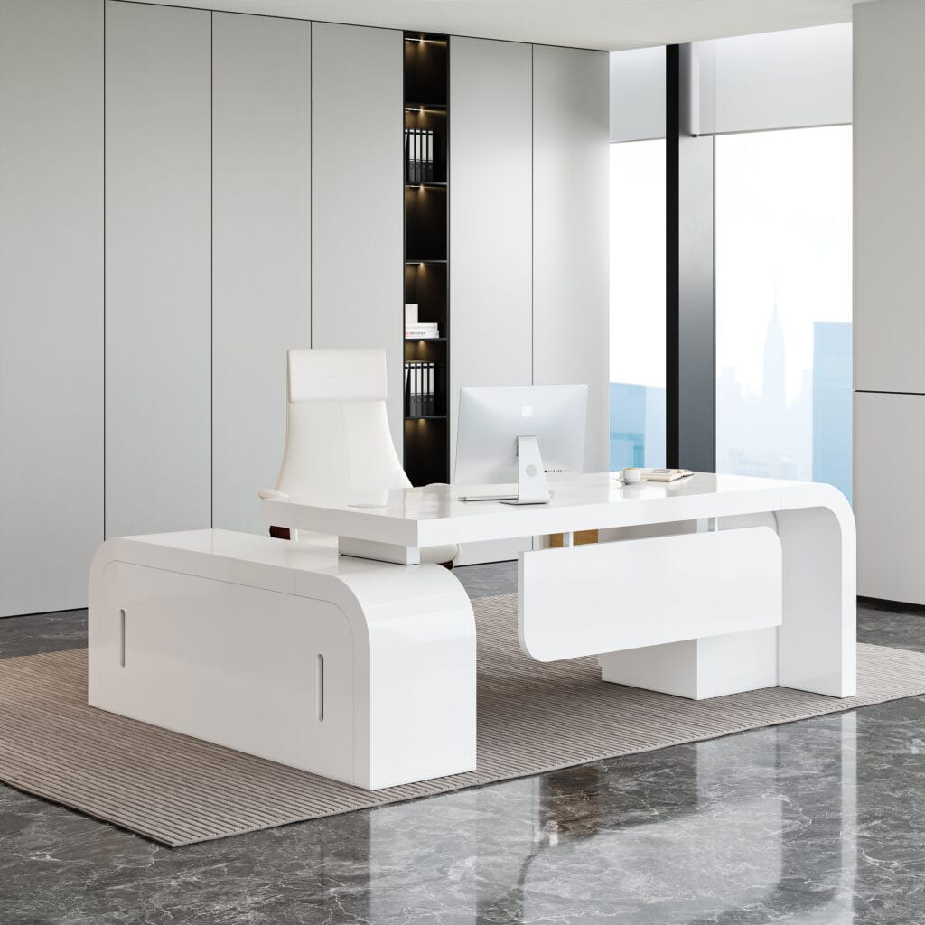 Spacious L-shaped executive desk with chair set for a modern office workspace.