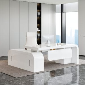 Spacious L-shaped executive desk with chair set for a modern office workspace.