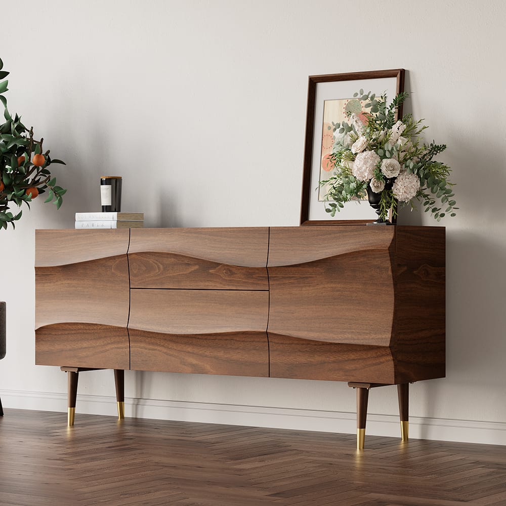 Stylish Walnut Sideboard Credenza with wavy door fronts and spacious storage for essentials.