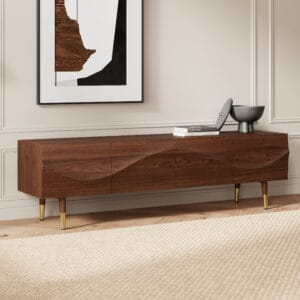 Elegant Lake Mid Century TV Stand featuring wavy walnut finish and sleek gold legs.