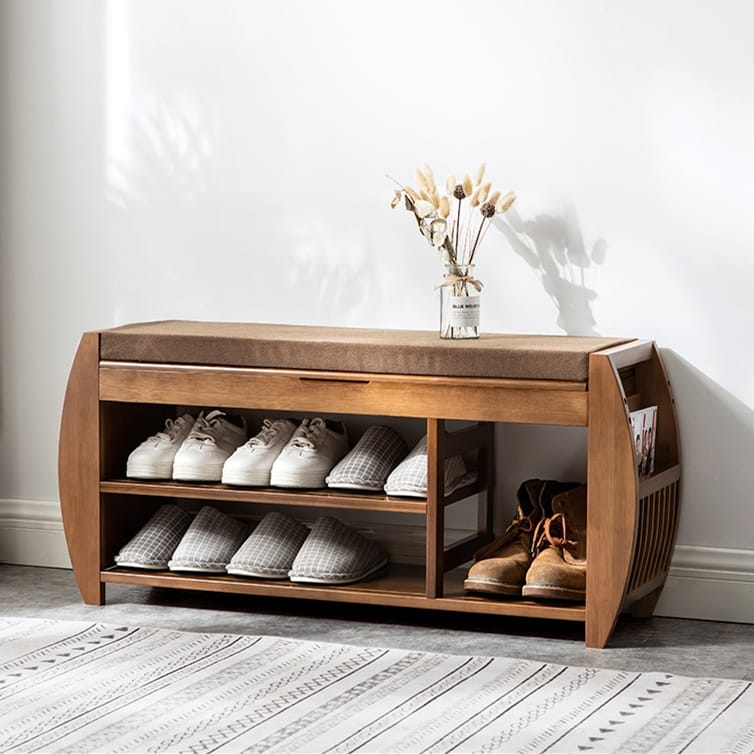 The Sicotas Collection 37 Rustic entryway bamboo shoe storage bench with soft cushion and separate storage area.