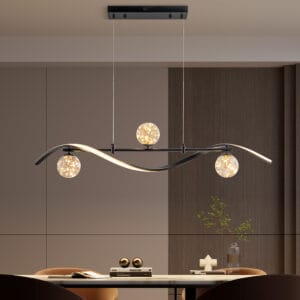 Minimalist LED kitchen island light with six light sources and black metal finish.