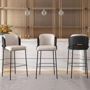 Black modern bar stool set with PU leather upholstery and supportive full back.