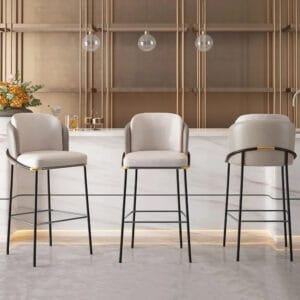 Stylish gray PU leather bar stool with comfortable full back and sturdy metal legs.