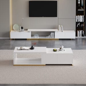 Glossy extendable white tv stand set designed for TVs from 65" to 85" with storage.
