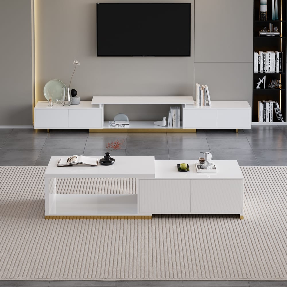 Glossy extendable white tv stand set designed for TVs from 65" to 85" with storage.