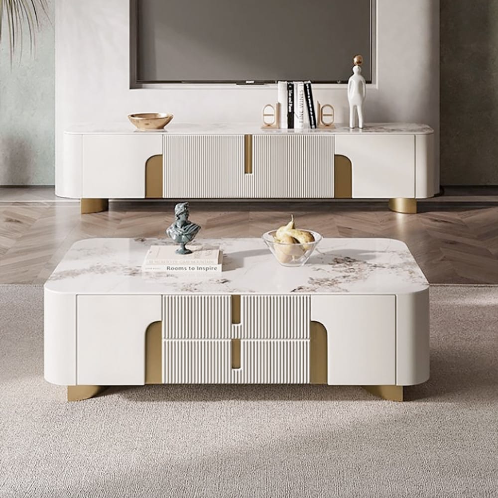 The Sicotas Collection 14 Elegant beige gold living room furniture featuring four drawers and a sleek design.