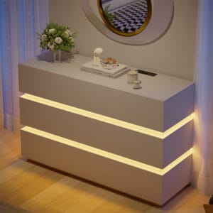 Stylish led dresser with charging station featuring dimmable lights and six spacious drawers.