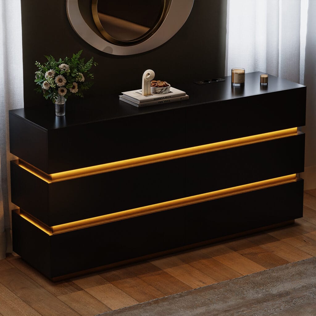 Dressers 11 Stylish LED dresser with charging station featuring dimmable light and six spacious drawers.