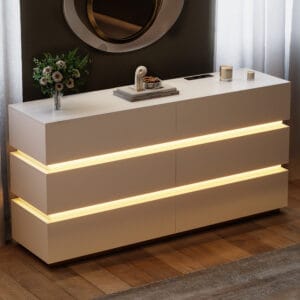 Stylish LED dresser with charging station featuring six drawers and a dimmable light.