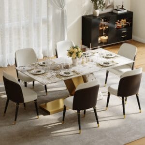 Lavish modern marble dining table with chairs exuding contemporary elegance and artistic flair.