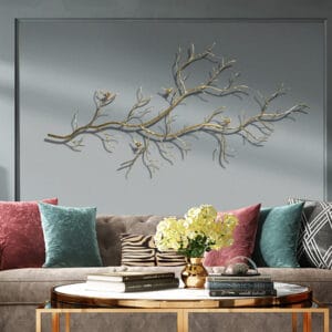 Intricate design featuring birds on a metal branch, perfect as wall decor.