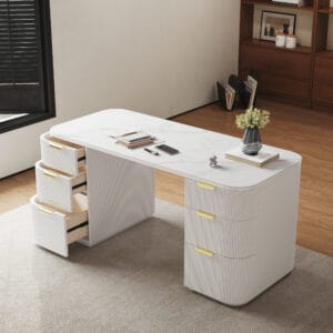 Modern rounded-edge white executive writing desk with durable sintered stone top and storage.