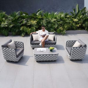 Stylish outdoor sofa set featuring a sintered stone coffee tabletop and aluminum frame.