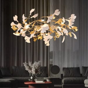 Elevate your decor with this Art Deco chandelier white gold featuring a ginkgo leaf design.
