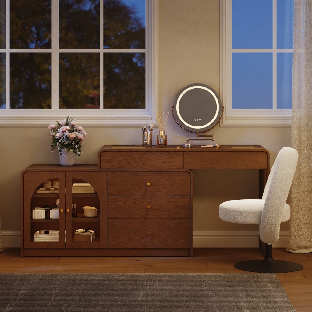 Bedroom Furniture 39 Stylish mid century modern makeup vanity featuring a lighted mirror and ample storage.