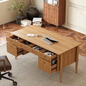 Classic home office setup featuring a Mid-Century Solid Wood Desk with ample storage.