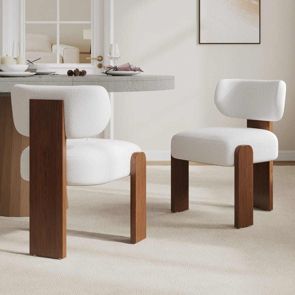 The Sicotas Collection 33 Mid-century modern dining chairs featuring rubberwood construction and white boucle upholstery.
