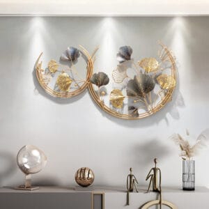 Elegant ginkgo leaves wall decor crafted from iron with a hand-painted golden frame.