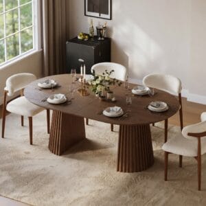 Extendable wood dining table made from solid wood and oak veneer, perfect for gatherings.
