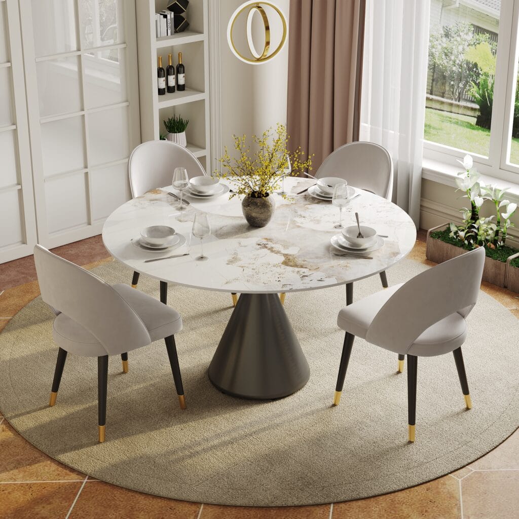 Stylish glossy round dining table with sintered stone surface for modern living spaces.
