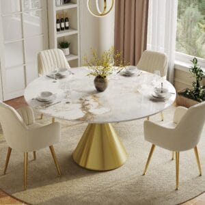 Sophisticated round glossy dining table with a glamorous gold cone pedestal base.