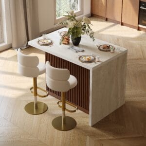 Japandi-style walnut kitchen island with storage designed for family meals and gatherings.