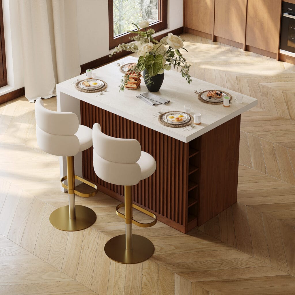 The Sicotas Collection 49 Japandi-style 50 inch kitchen island with storage, perfect for family meals and gatherings.