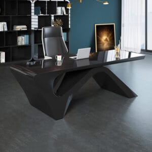 Sculptural arched base supports a modern writing desk with a glossy finish and curved edges.