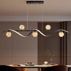 Minimalist modern black kitchen pendant light featuring a sleek LED strip and glass globes.