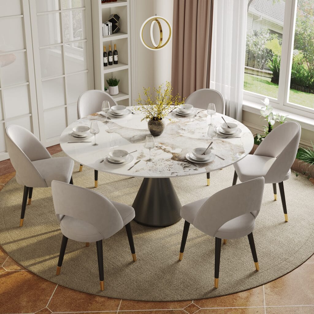 Stylish round dining table glossy finish with a durable sintered stone surface.