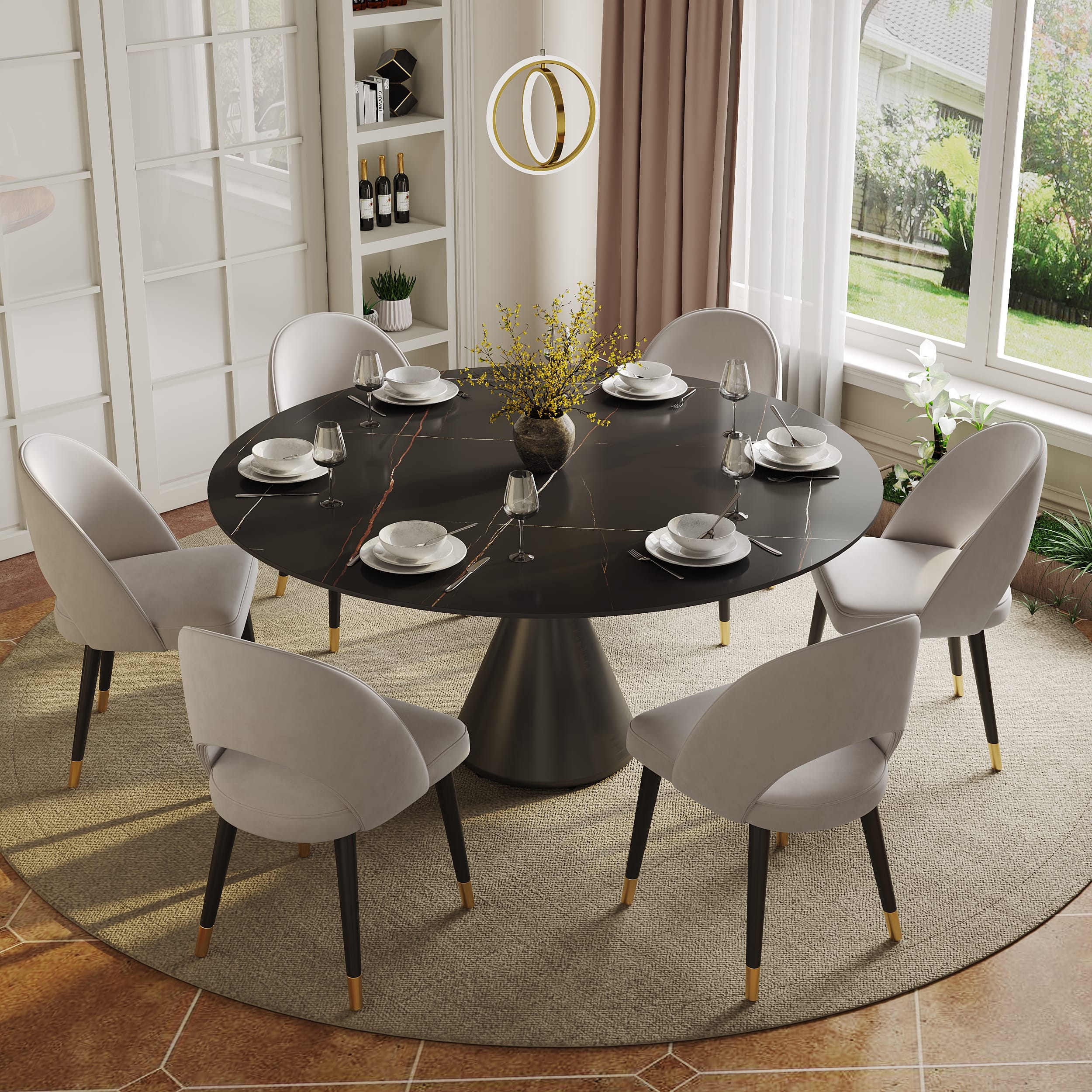 Modern Round Dining Table with Strong Base 1 Elegant Modern Round Dining Table featuring a sintered stone surface in glossy finish.