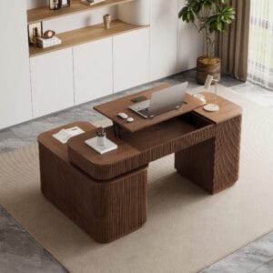 Stylish L-Shape Walnut Executive Desk featuring a lift-top mechanism and built-in storage.