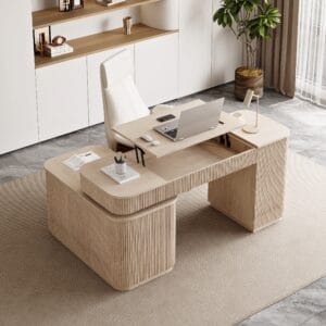 Ergonomic L-Shape Executive Desk with dual monitors and built-in storage for organization.