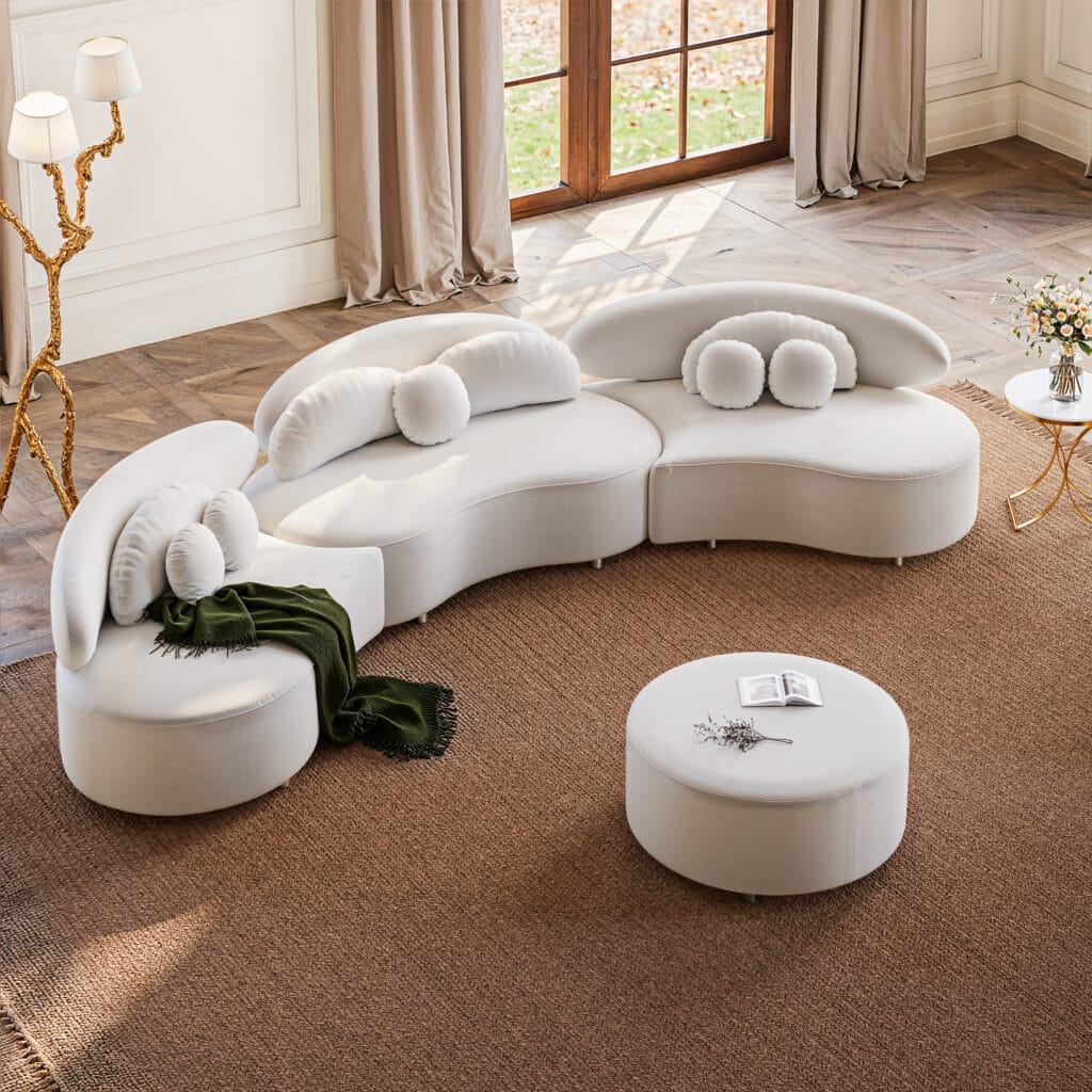 Curved sectional sofa system in soft fabric, perfect for modern sectional sofa beige living spaces.
