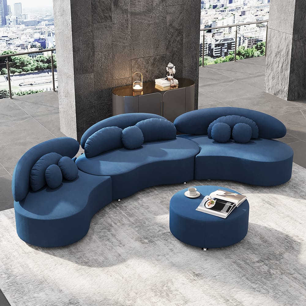 Soft fabric modular curved sectional sofa designed for relaxed social living in modern interiors.