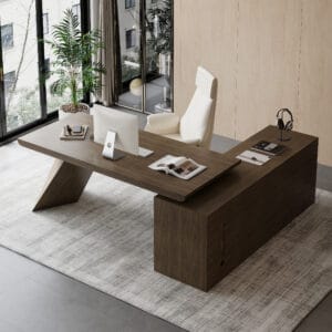 Bold L-shaped executive desk designed for spacious home workspaces and executive offices.