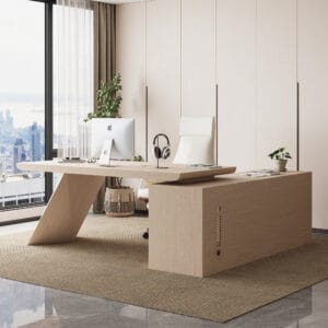 This bold executive L-shaped desk features a spacious desktop and convenient storage return.