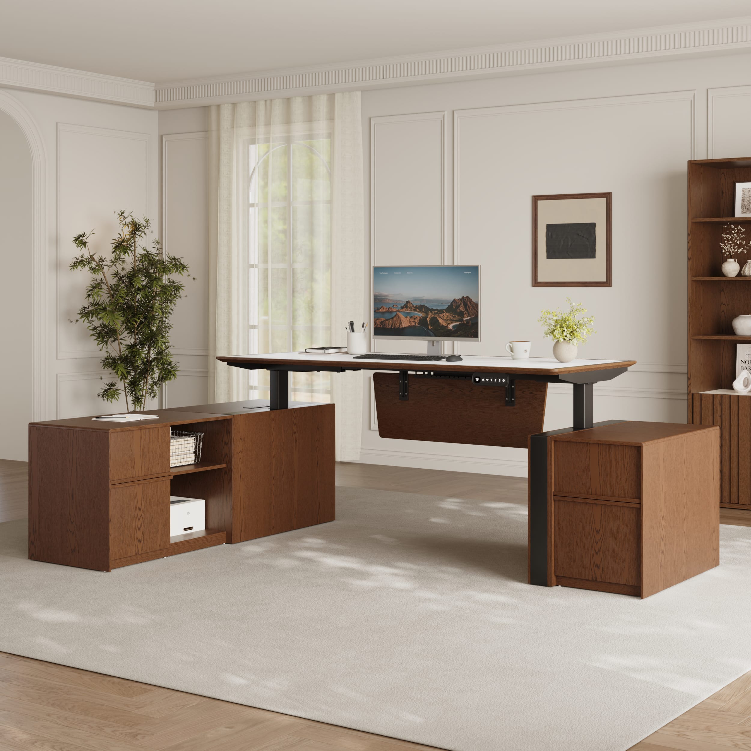 Superior Executive Standing Desk 1 Premium height-adjustable executive standing desk with modular storage and built-in power access.