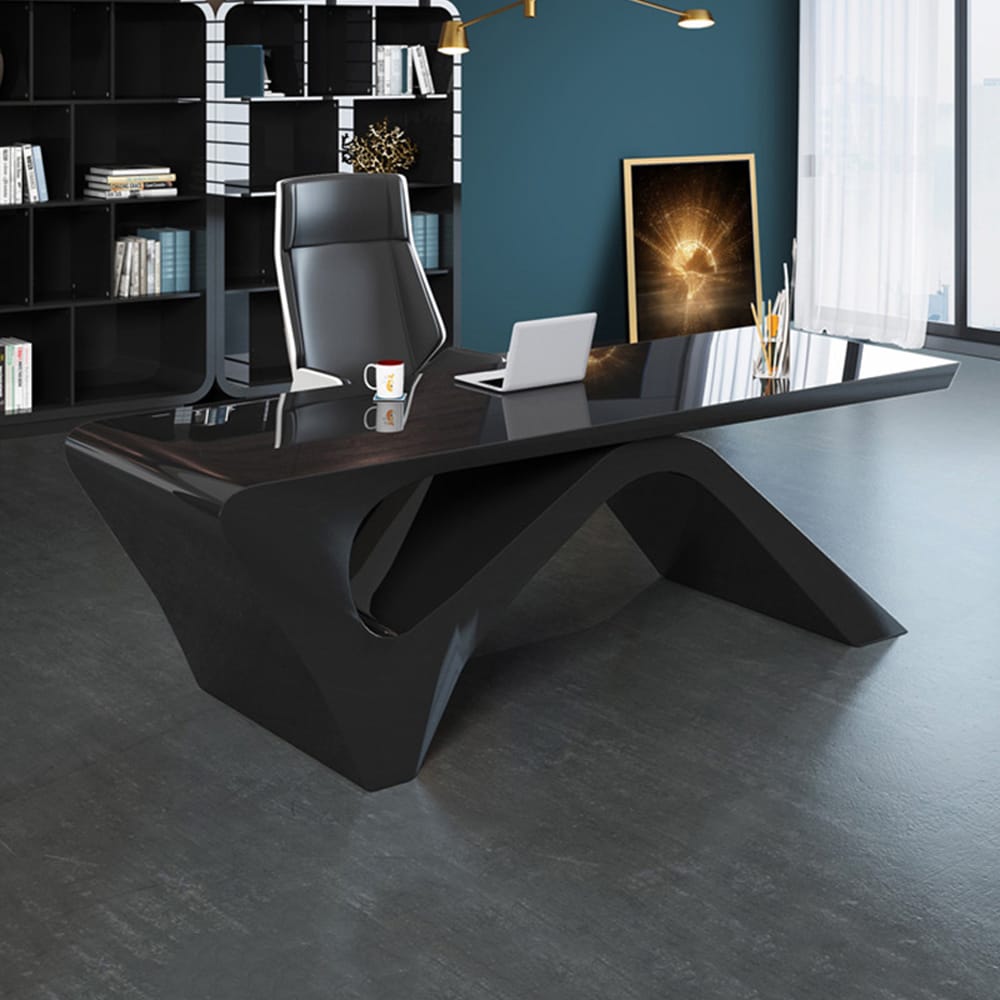 Rectangular modern writing desk with a sculptural arched base and glossy finish.