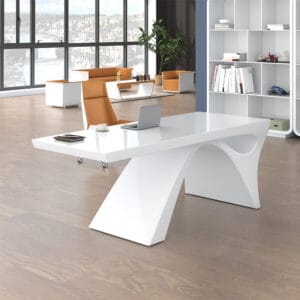 Sculptural arched base supports a modern writing desk with a glossy finish and curved edges.