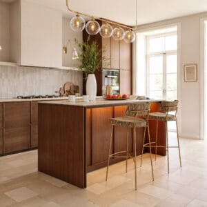 Sintered stone kitchen island with storage and light featuring LED lighting and practical drawers.