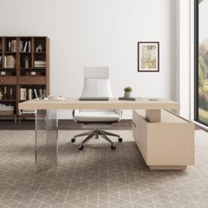 Modern lift-top L-shape executive desk designed for flexible workspaces and ample storage.