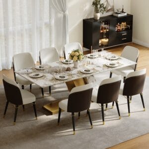 Elegant 87" rectangle faux marble dining table set with 8 gold chairs.